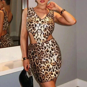 Brown Sexy Women's Leopard Print Sleeveless V-Neck Top & Bodycon Mini Skirt Set